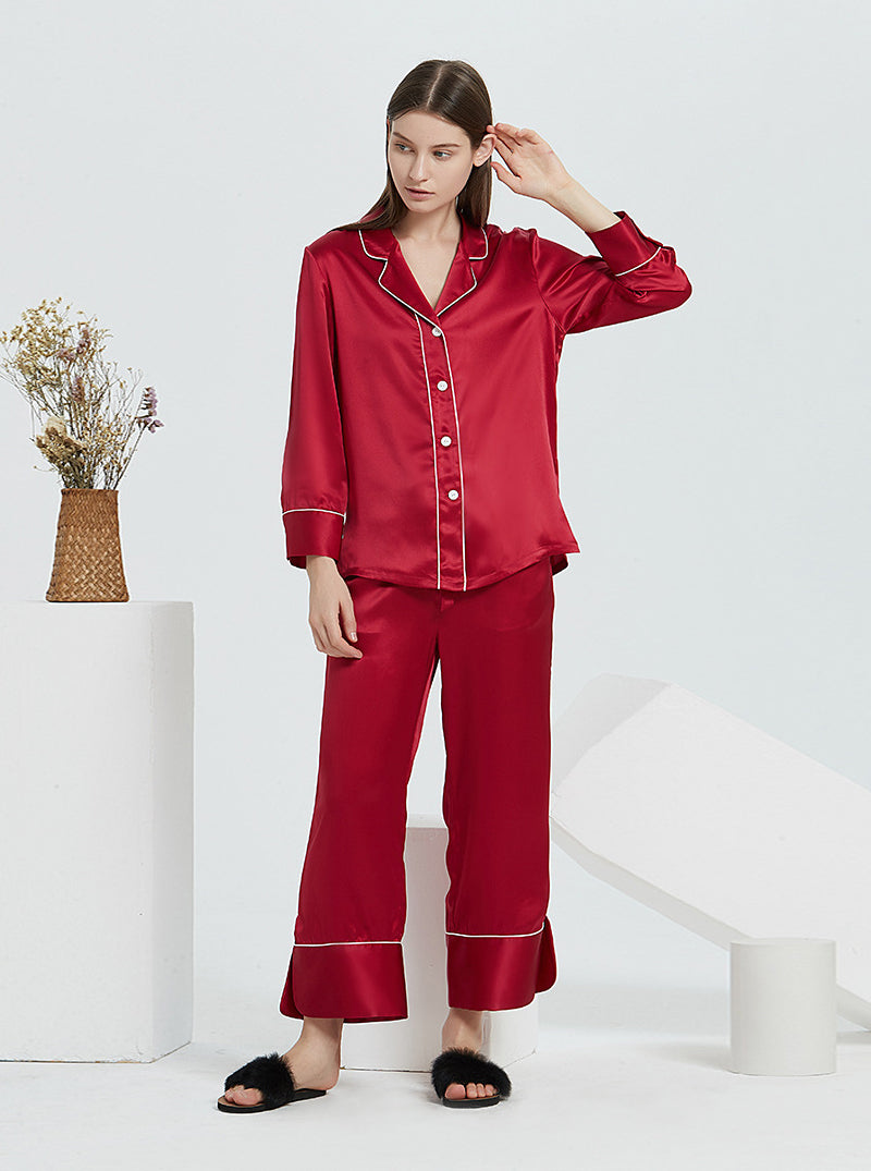 19 Momme Silk Spring And Autumn Female Suit Collar Simple Fashion Comfortable High-End Solid Color Long-Sleeved Trousers Pajamas Two-Piece Set