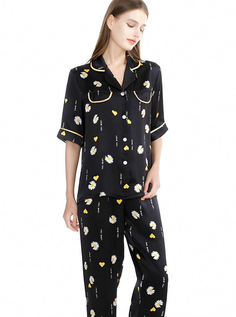 Summer Black Silk Female Contrast Color Edging Small Lapel Plant Flower Pattern Print Loose And Comfortable Short-Sleeved Pajamas Two-Piece Set