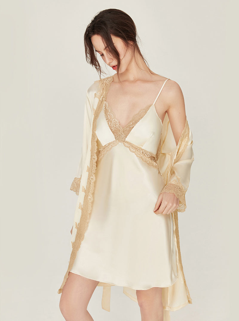 Silk Female Matching Pajamas Champagne Sexy Lace V Collar Sling Nightdress With Chest Pads And Night-Robe Set