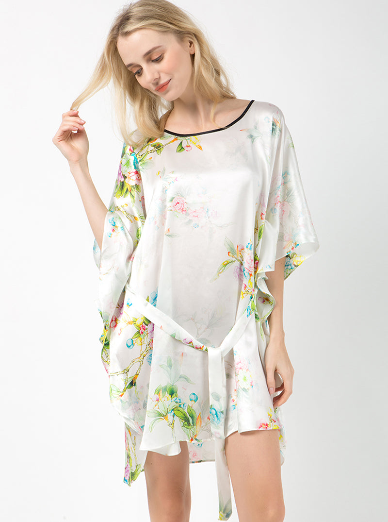 Female Summer Silk Round Neck Mid Sleeve Loose Belt Luxurious Flower Print Nightdress