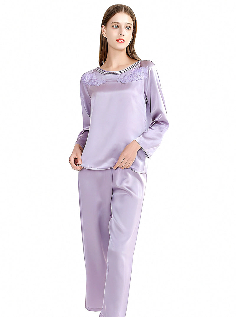 Light Purple Summer Silk Ladies Round Neck Embroidery Loose Casual Simple Fashion Lavender Long Sleeve Pajamas Two Piece Set
