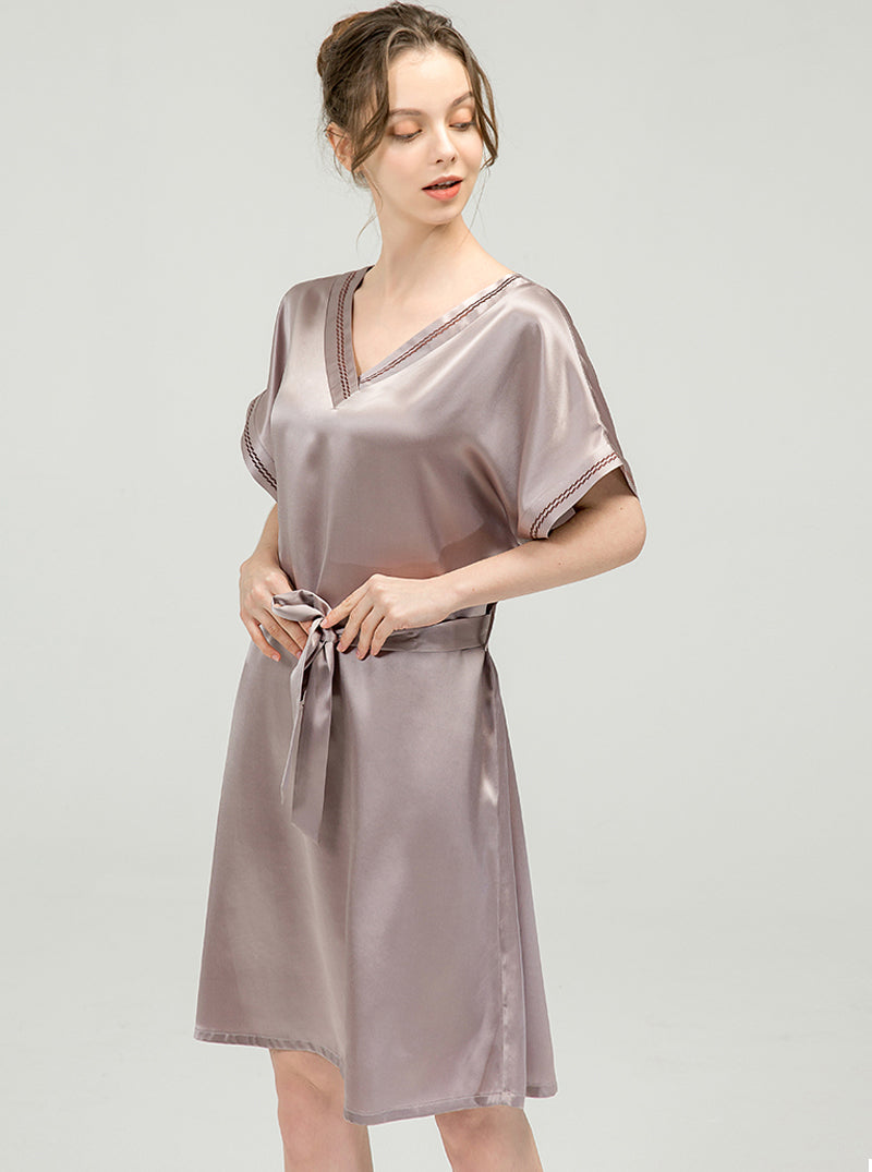Solid Color Female Silk Summer V-Neck Premium Loose Classic Belt Short Sleeve Nightdress