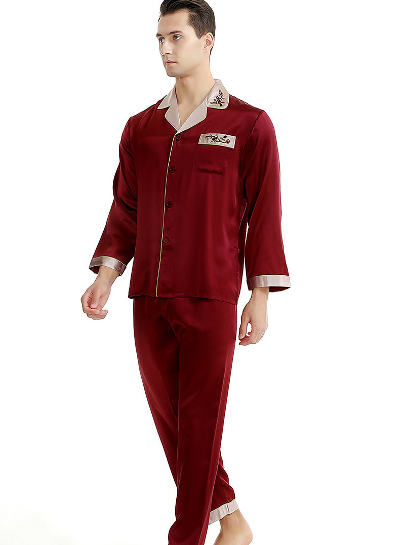 Summer Silk Couple Pajamas Sets Contrast Color Small Lapel Embroidery Simple Casual Pure Color Long-Sleeved Trousers Pajamas Two-Piece Set