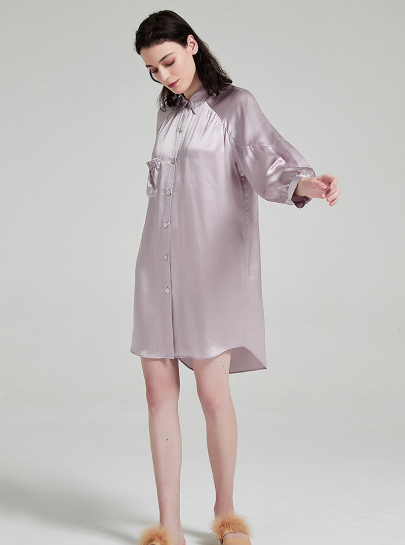 19 Momme Silk Female Summer Taro Purple Suit Collar Luxury Noble Elegant Long Sleeve Pleated Shirt Nightdress