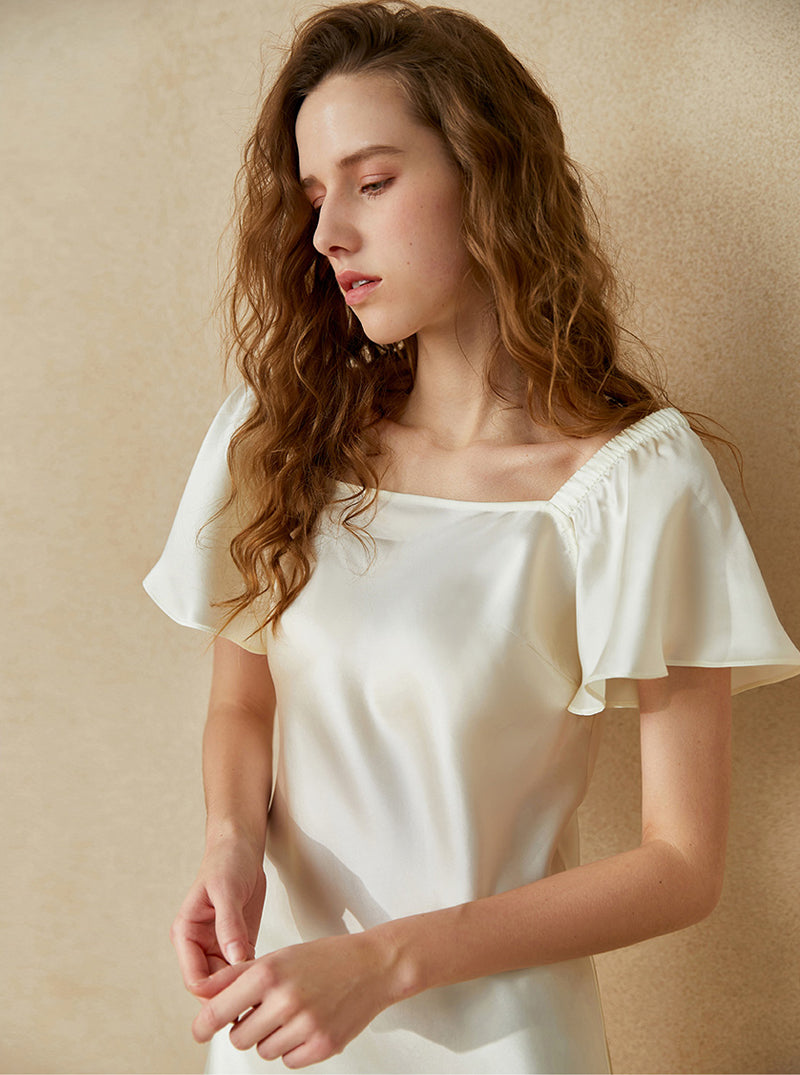 19 Momme Silk Female Nightdress Can Be Outdoors Puff Short Sleeve Off Shoulder Dress