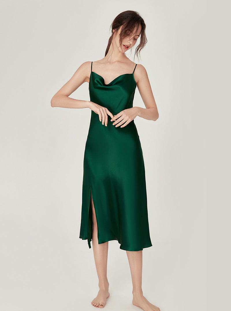 Simplicity Pure Color Silk Cowl-neck Elegant Sexy Split Hem Medium Length Slim Sling Nightdress