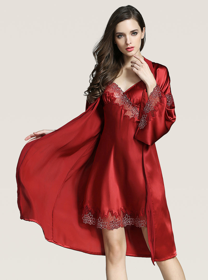 V-Neck Sexy Summer Female Silk Stitching Perspective Lace Elegant Slim High-End Solid Color Suspender Nightdress Long-Sleeved Nightgown Two-Piece Set