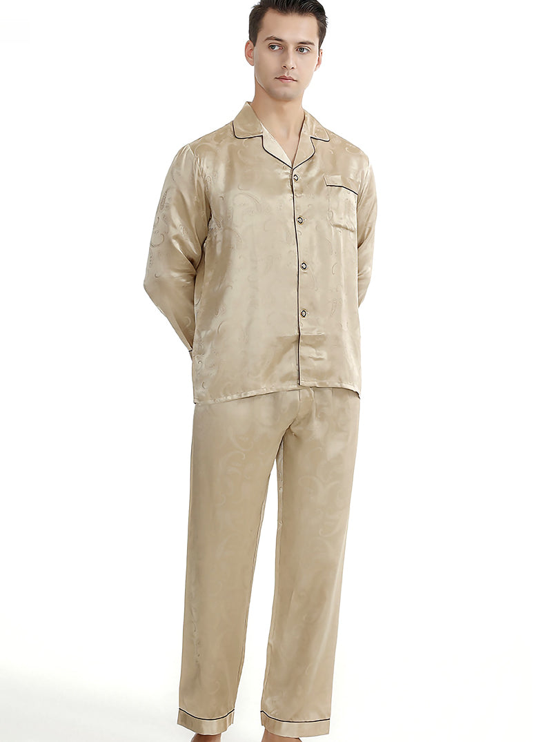 Silk Summer Couple Pajamas Sets Small Lapel Edging Printing Retro Simple Pure Color Long-Sleeved Trousers Casual Two-Piece Home Service