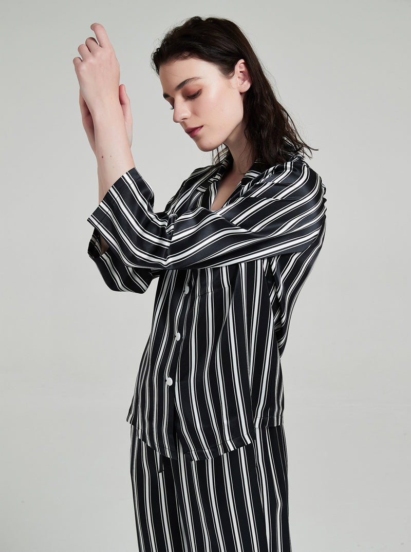 19 Momme Silk Spring Autumn Female Casual Advanced Breathable Black And White Striped Long Sleeve Pants Pajamas Two Piece Set
