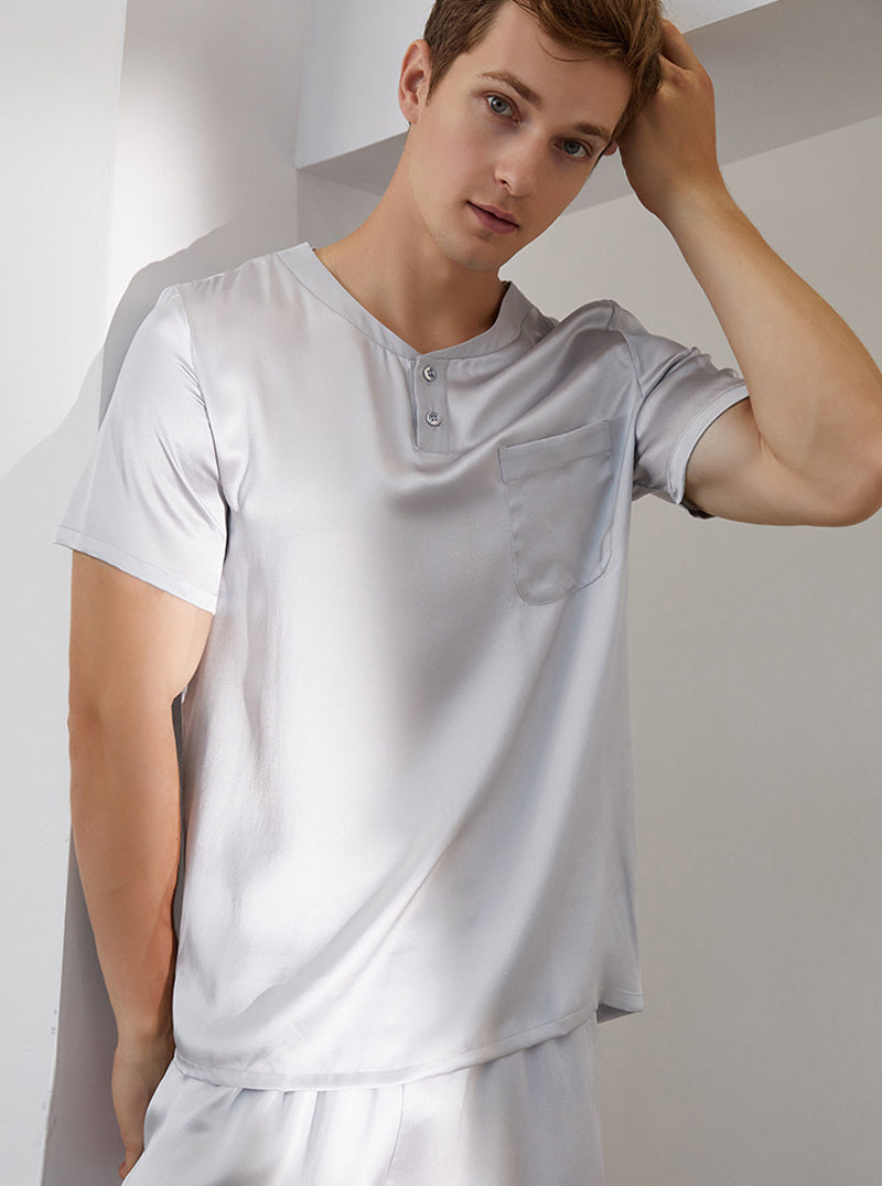 19 Momme Silk Summer Male Round Neck Casual Loose Handsome Solid Color Short-Sleeved Shorts Pajamas Two-Piece Set