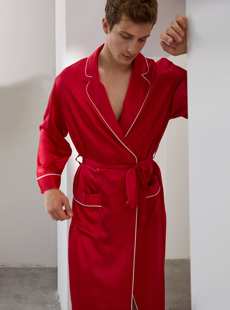 Suit Collar 19 Momme Silk Male Spring Summer Fashion High-End Solid Color Long-Sleeved Long Night-Robe