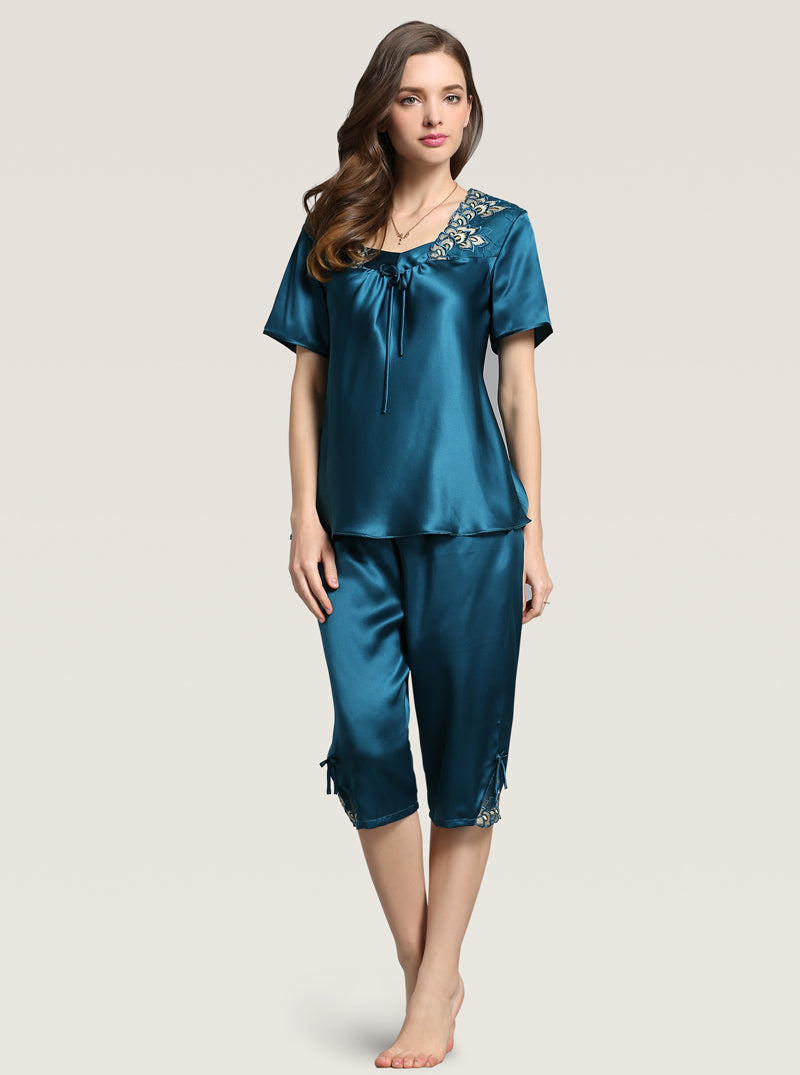 Silk Spring And Summer Female Lace Embroidery Square Collar Elegant Temperament Red Short-Sleeved Trousers Two-Piece Pajamas