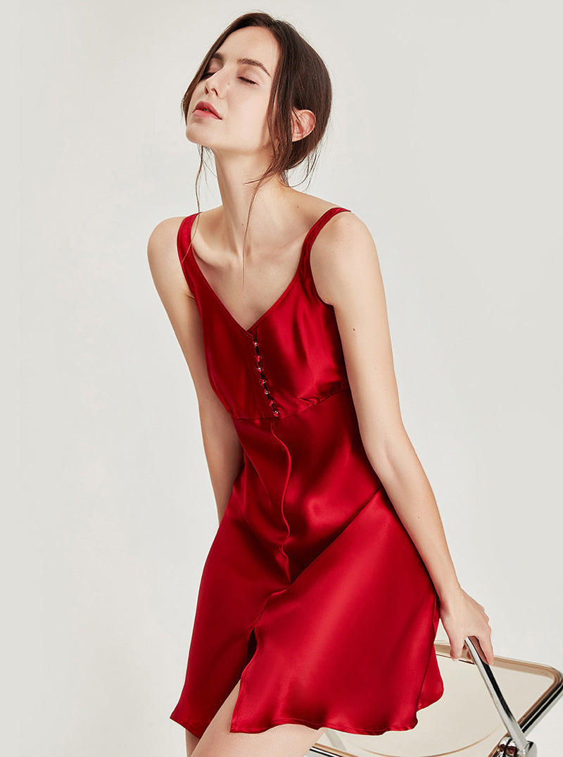 Summer Female Silk Small Buttons Decoration V Collar Slit Hem Comfortable Wide Sling Nightdress