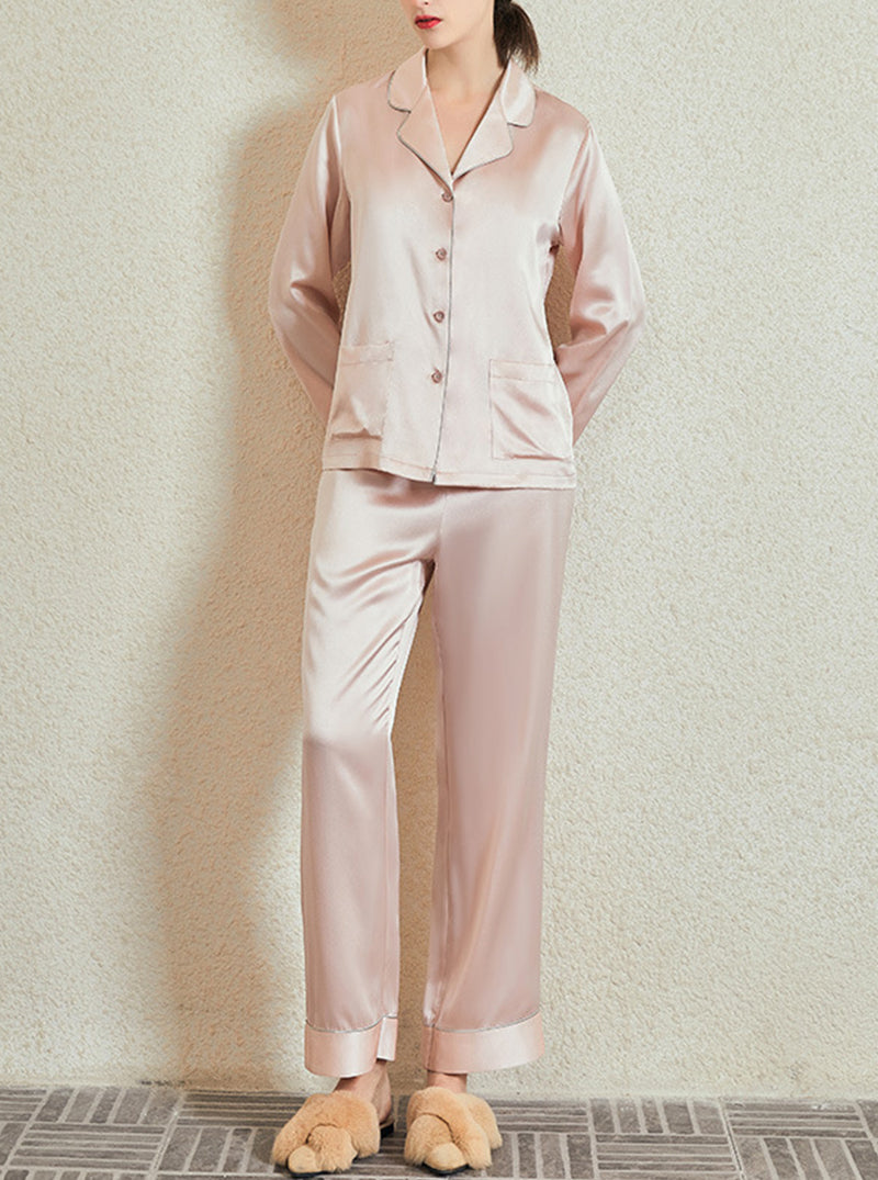22 Momme Female Small Lapel Solid Color Autumn And Winter Simple Basic Version Long-Sleeved Trousers Pajamas Two-Piece Set