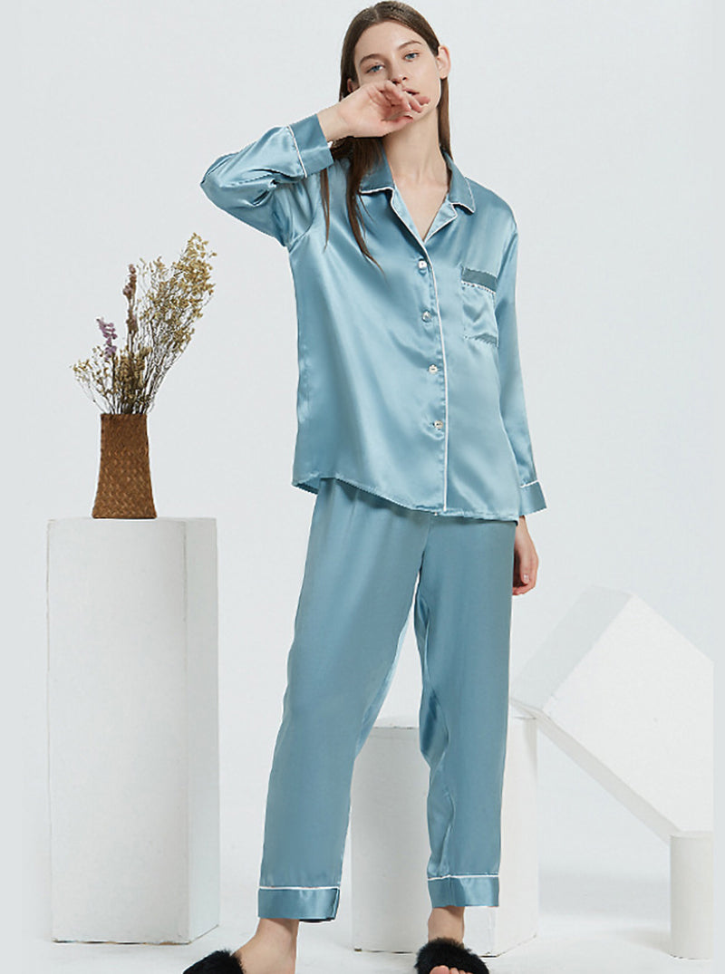 Silk Spring And Autumn Female Suit Collar Simple Fashion Classic Long Sleeve Pants Pajamas Two-Piece Set