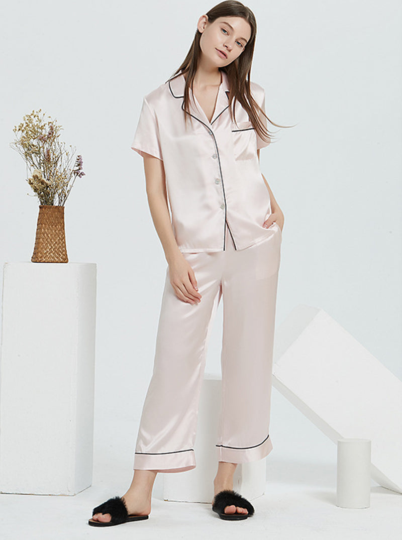 Suit Collar 19 Momme Silk Female Summer Multiple Colors Simple Classic Comfortable Short Sleeve Pants Pajamas Two Piece Set