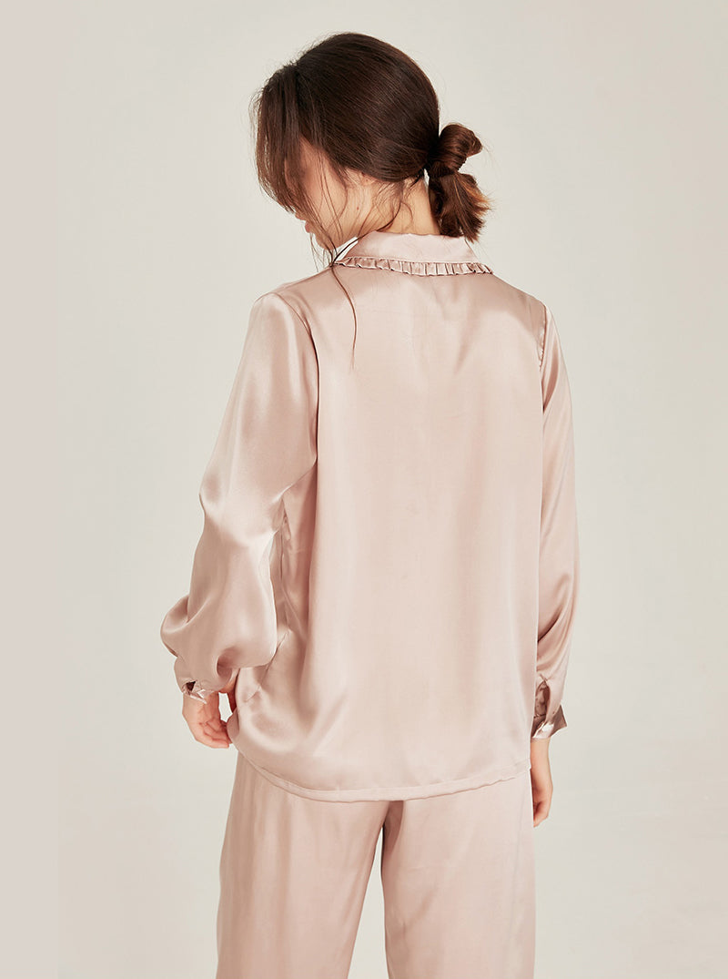Silk Matching Pajamas Autumn Female Cute Ruffle Doll Collar Simplicity Pure Color Long Sleeve Two-Piece Set