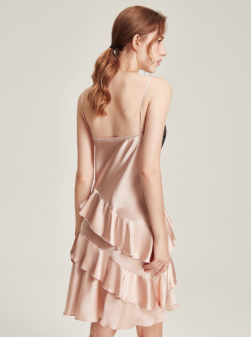 Autumn Silk Female V-Neck Lace Stitching Wave Skirt Put Pink-Pink Long Style Halter Nightdress Long Sleeve Robe Two Pieces