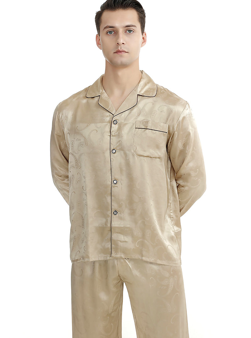 Silk Summer Couple Pajamas Sets Small Lapel Edging Printing Retro Simple Pure Color Long-Sleeved Trousers Casual Two-Piece Home Service