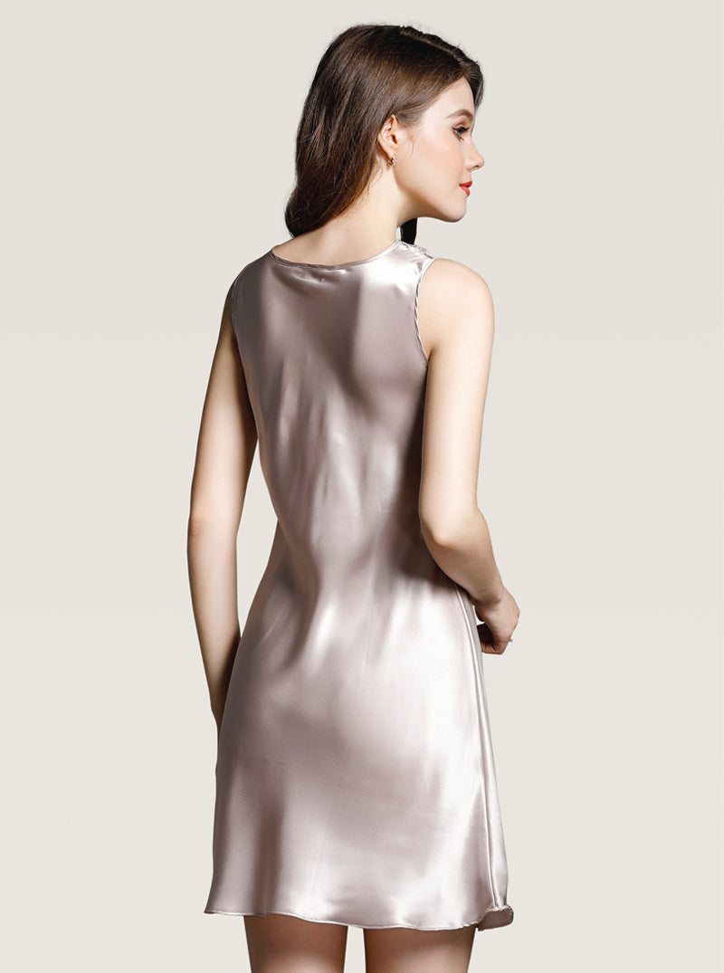 Embroidered Silk Female Summer Gorgeous Premium Sexy Hem Split Hollow Lace Solid Color V-Neck Nightdress