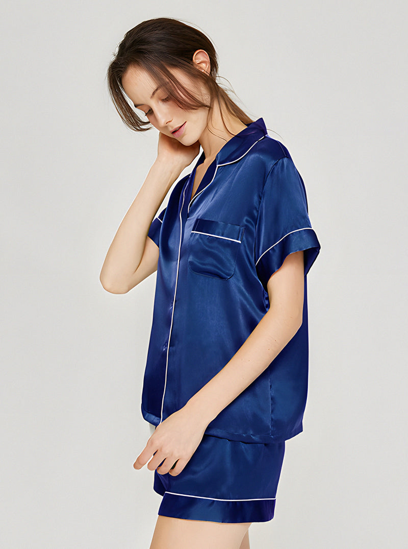 19 Momme Silk Summer Female Small Lapel Simple Fashion Versatile Multicolor Short Sleeve Button Pajamas Two-Piece Set