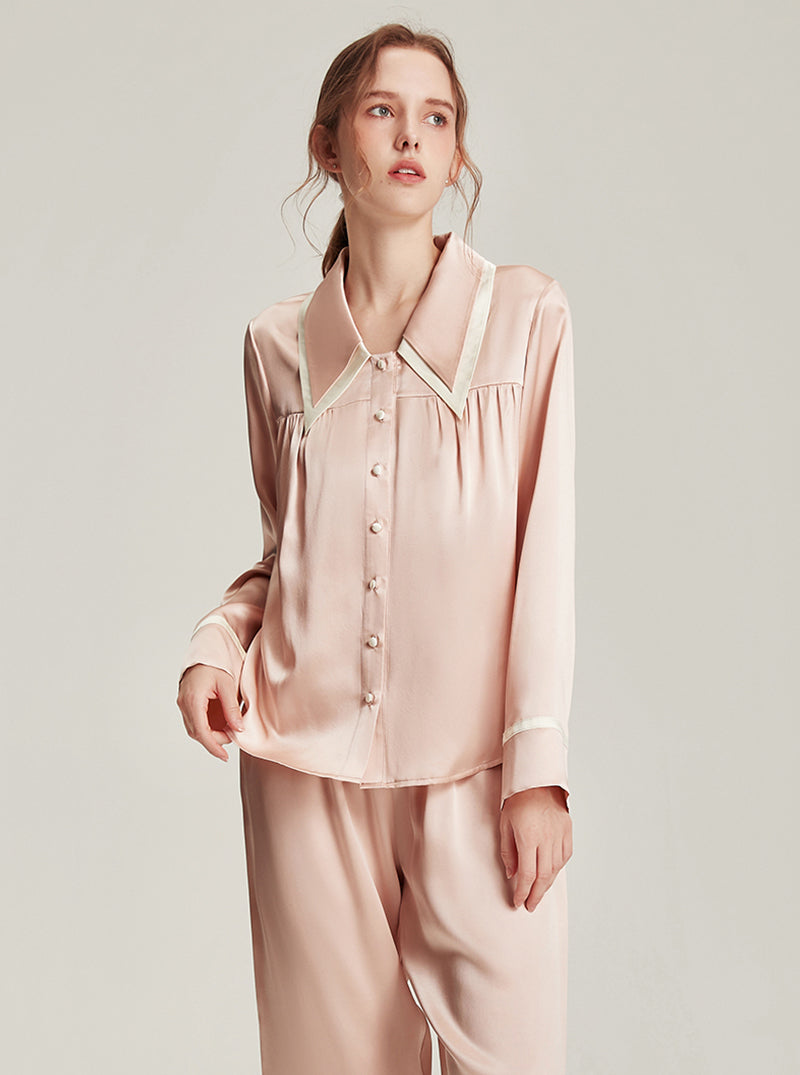 Silk Female Autumn Lapel Stitching Design Simple Fashion Soft Breathable Comfortable Long Sleeve Pajamas Two Pieces Of Solid Color