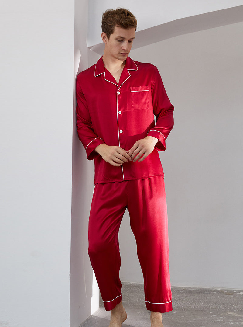 Spring And Summer 16 Momme Silk Male Small Lapel Solid Color Edge Contrast Color Line Simple Long-Sleeved Trousers Two-Piece Pajamas