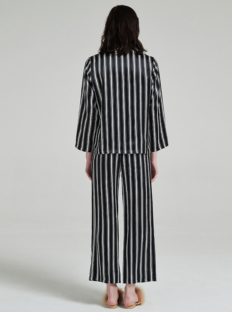 19 Momme Silk Spring Autumn Female Casual Advanced Breathable Black And White Striped Long Sleeve Pants Pajamas Two Piece Set