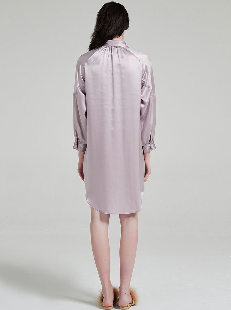 19 Momme Silk Female Summer Taro Purple Suit Collar Luxury Noble Elegant Long Sleeve Pleated Shirt Nightdress