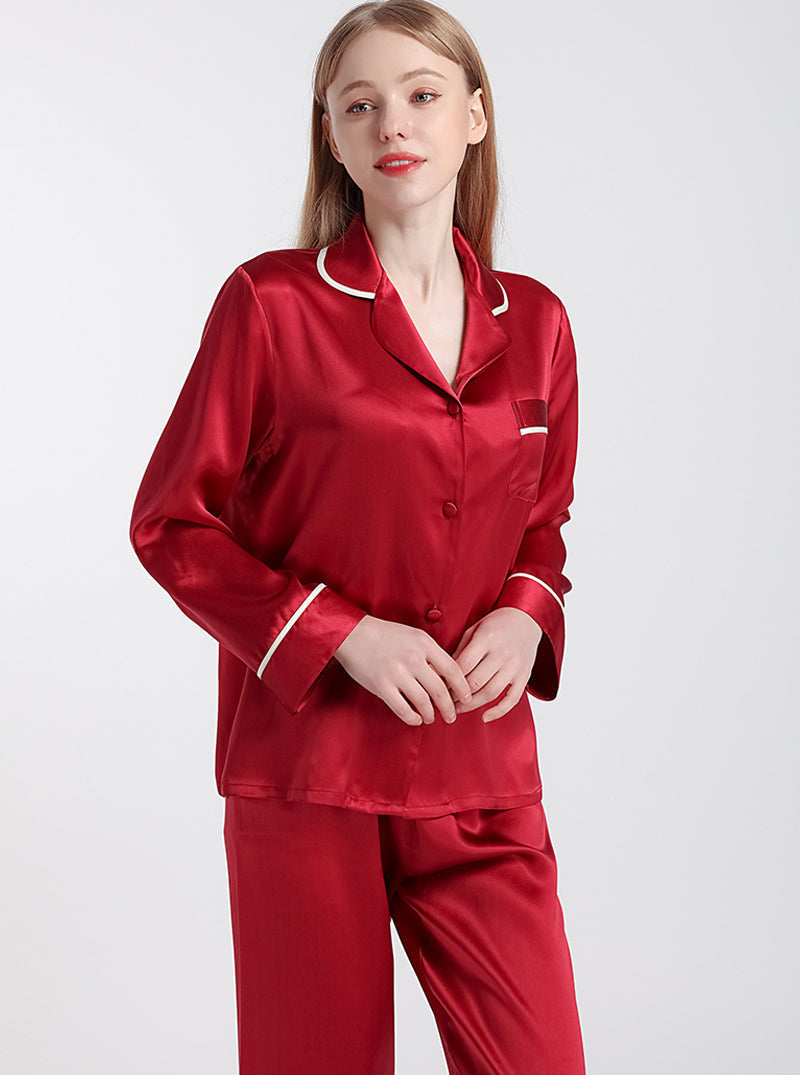Female Summer Silk Contrast Color Line Small Lapel Simple Loose Comfortable Elegant Solid Color Long-Sleeved Pajamas Two-Piece Set