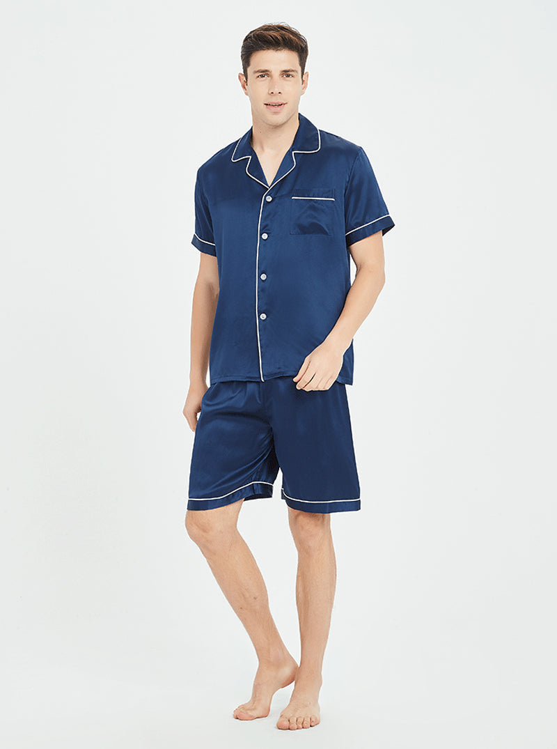 19 Momme Silk Summer Male Suit Collar Cool And Comfortable Casual Basic Solid Color Short-Sleeved Shorts Pajamas Two-Piece Set