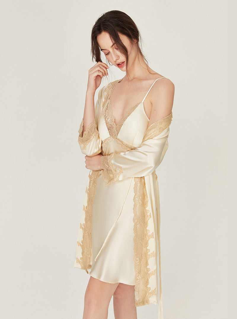 Silk Female Matching Pajamas Champagne Sexy Lace V Collar Sling Nightdress With Chest Pads And Night-Robe Set