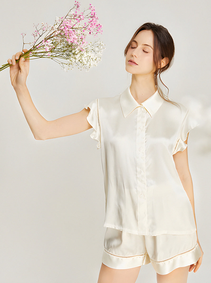 Silk Matching Pajamas Female Summer Simplicity Shirt Collar Lapel Lace Hollow Splicing Ruffle Small Flying Sleeve Top Shorts Two-Piece Set