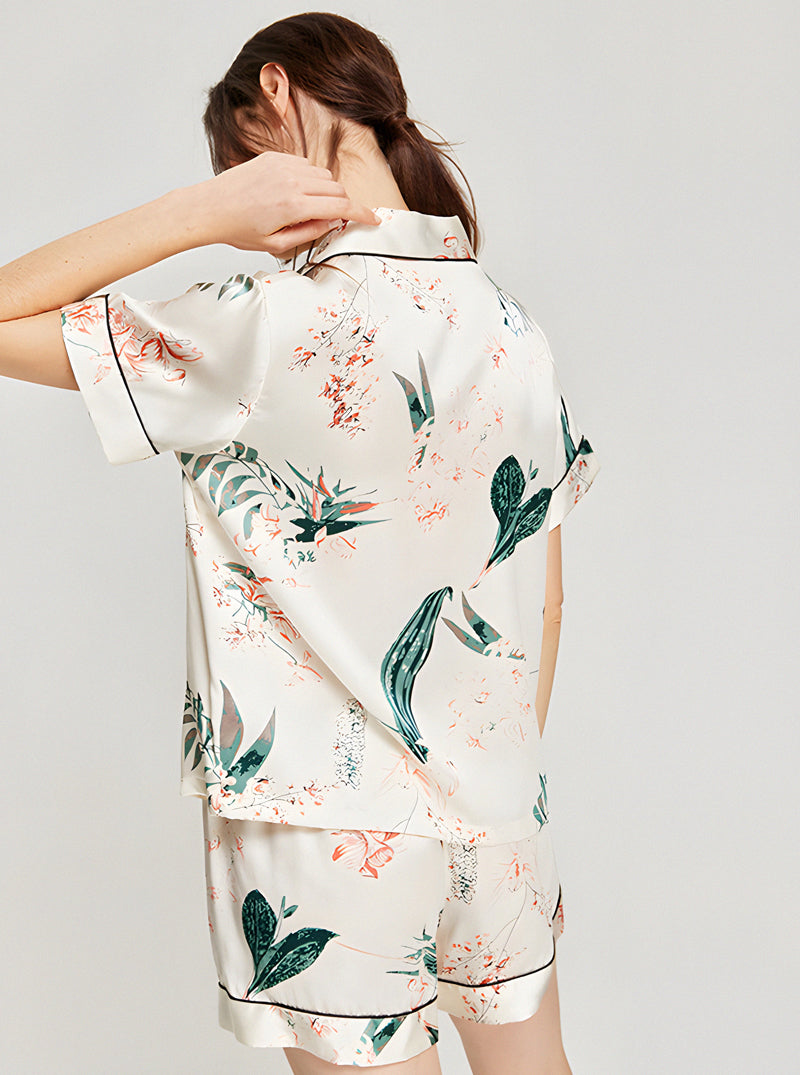 Silk Summer Ladies Small Lapel Fashion Printing Capable And Elegant Short-Sleeved Pajamas Shorts Two-Piece Set