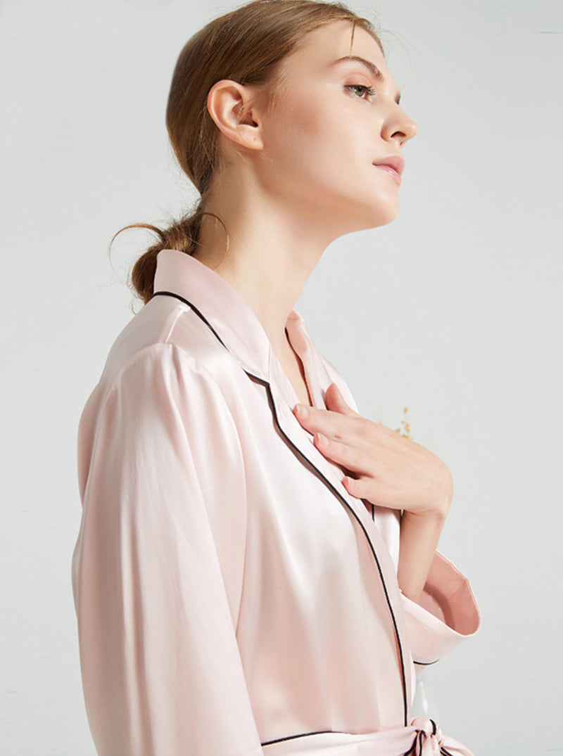 Female 19 Momme Spring Long Sleeve Suit Collar Elegant Classic Simple Generous Belt Pink Skin Tone Robe