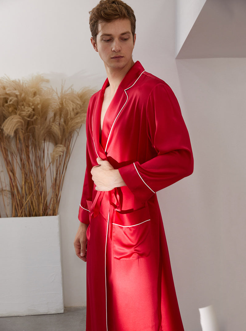 Suit Collar 19 Momme Silk Male Spring Summer Fashion High-End Solid Color Long-Sleeved Long Night-Robe