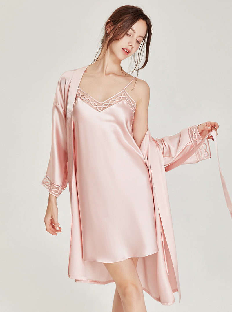 Solid Color Silk Autumn And Winter Female Lace V-Neck Sexy Luxury Soft Long-Sleeved Nightgown Suspenders Nightdress Two-Piece Set