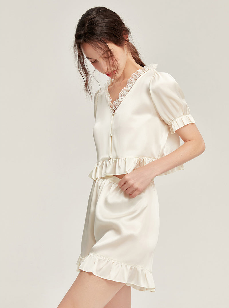 Silk Summer Female Lace V-Neck Ruffle Hem Elegant Simple Romance Gentle Sweet Comfort Sexy Youth Solid Color Short Sleeve Two-Piece Pajamas