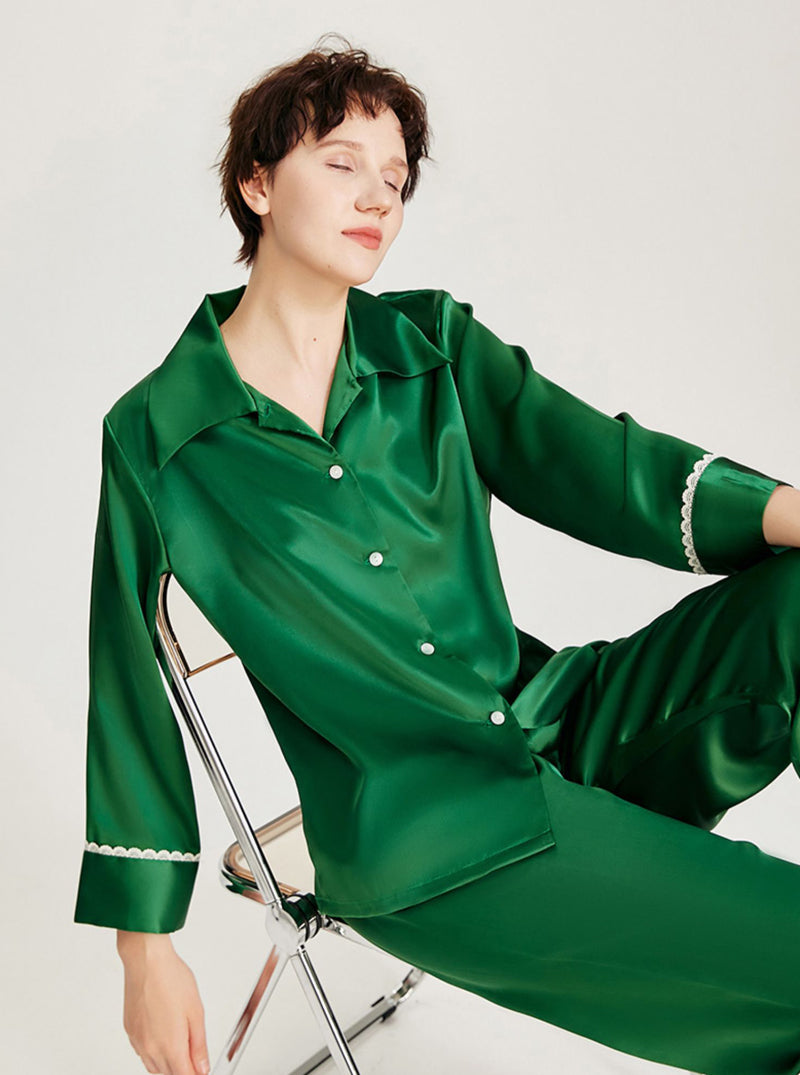 Silk Spring And Summer Ladies Shirt Collar Romantic Fashionable Small Lace Multi-Color Long-Sleeved Pajamas Two-Piece Set