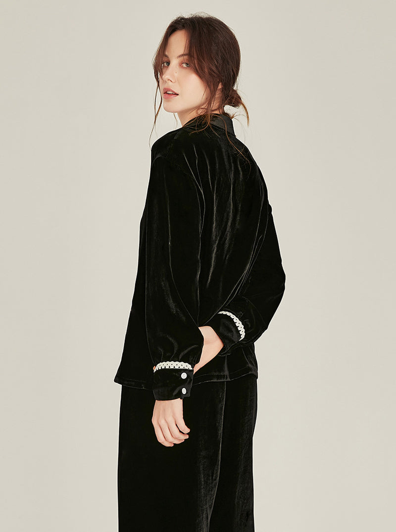 Autumn Winter Warm Mulberry Silk Velvet Matching Pajamas Female Lazy Sense Can Be Worn Outdoors Lapel Lace Design Long Sleeve Two-Piece Set