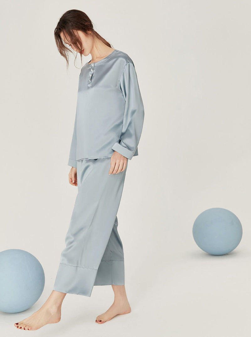Silk Spring Summer Simplicity Round Collar Matching Pajamas Small Split Hem Long Sleeve Two-Piece Set Female