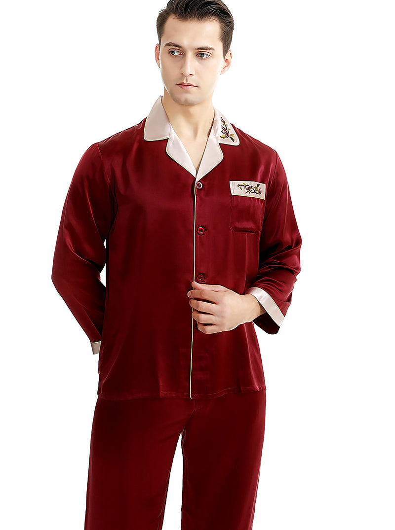 Summer Silk Couple Pajamas Sets Contrast Color Small Lapel Embroidery Simple Casual Pure Color Long-Sleeved Trousers Pajamas Two-Piece Set