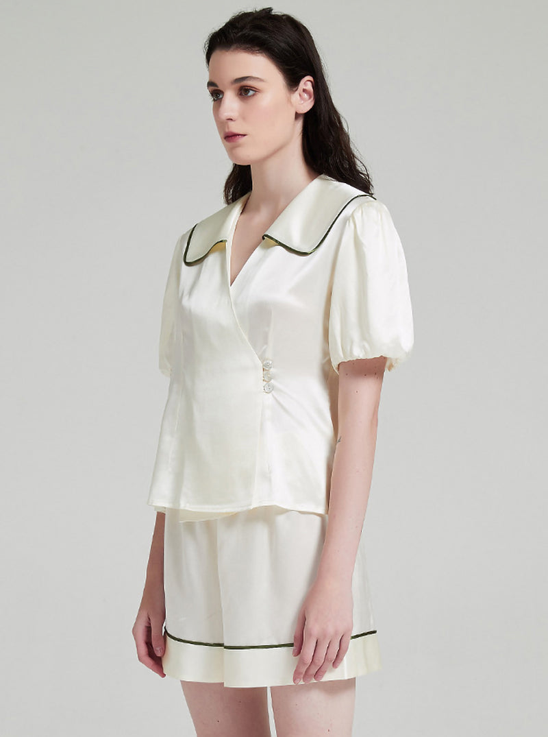 19 Momme Summer Female V-Neck Puff Sleeves Cute Sweet Casual White Short-Sleeved Shorts Two-Piece Set