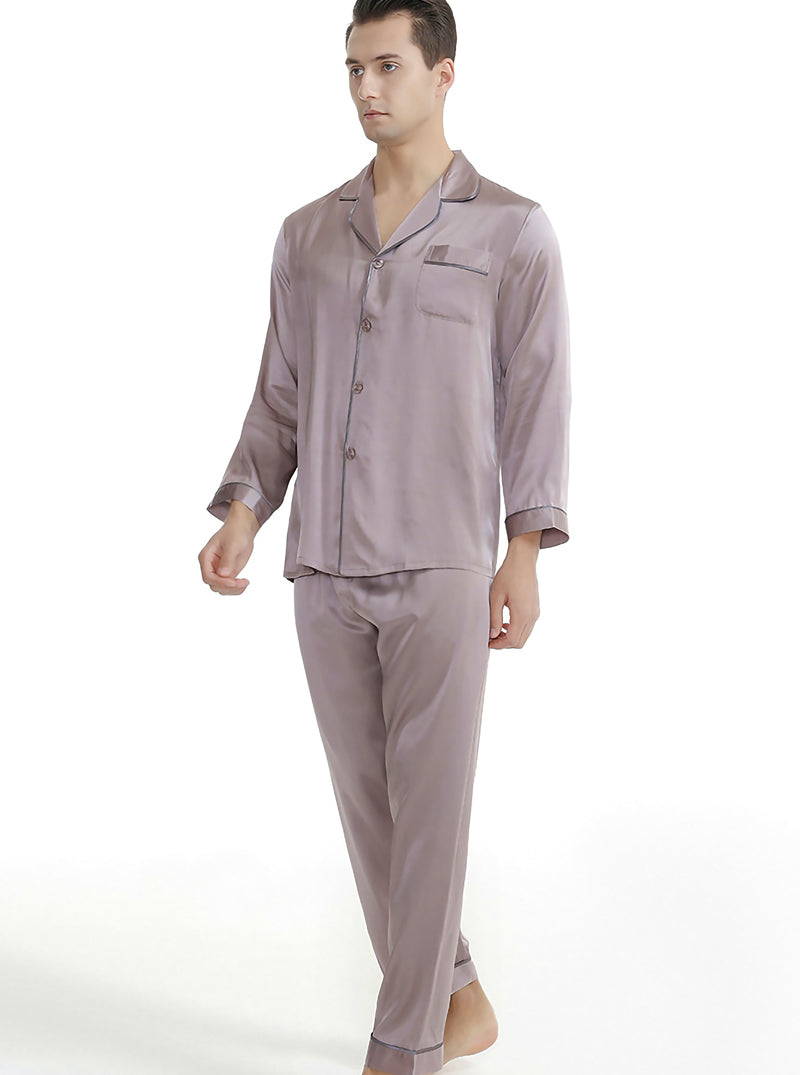 Silk Summer Couple Pajamas Sets Small Lapel Noble Luxury Pure Color Long-Sleeved Trousers Home Service Two-Piece Set