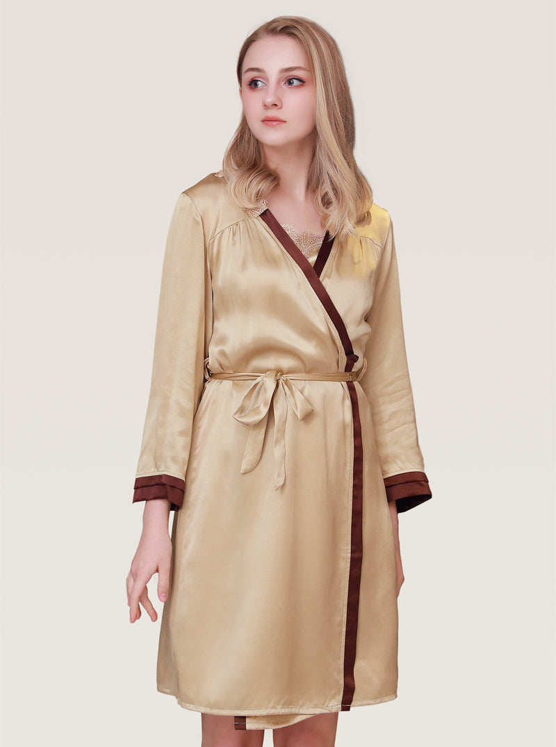 Silk Spring And Summer Sexy V-Neck Contrast Color Female Solid Color A-Line Version Slim Suspender Nightdress Long-Sleeved Night-Robe