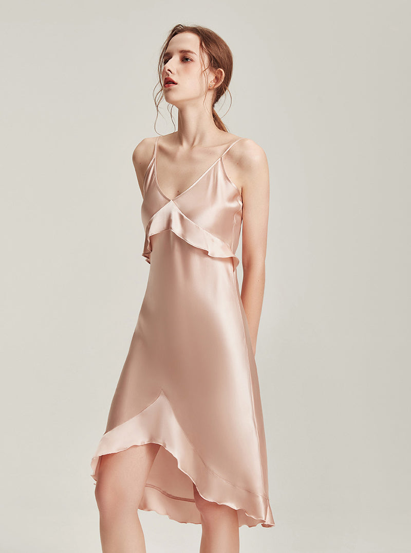 Silk Spring And Autumn Female V-Neck Ruffled Stitching High-End Casual Sexy And Comfortable Coral Pink Two-Piece Home Dressing Gown