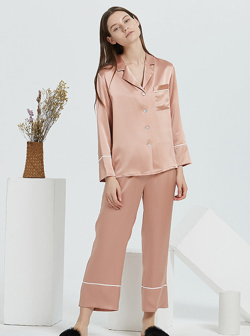 19 Momme Silk Spring And Autumn Female Shirt Collar Simple Atmosphere Fashion Casual Solid Color Long Sleeve Pants Pajamas Two Piece Set