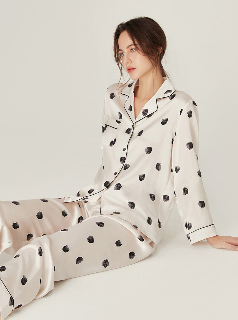 Silk Female Spring Autumn Matching Pajamas Black Polka Dot Milk White Lapel Long Sleeve Two-Piece Set