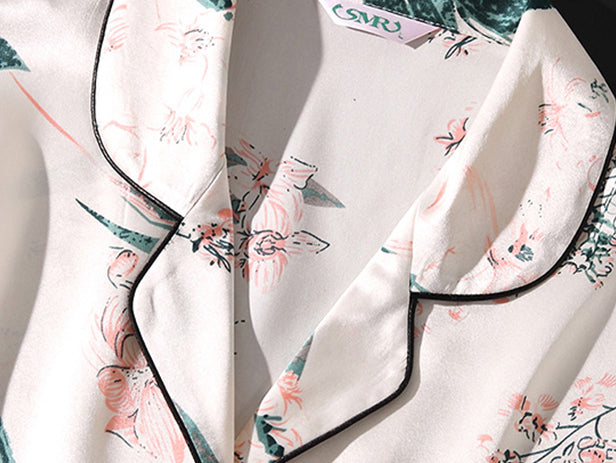 19 Momme Spring and Autumn Female Small Lapel Beautiful Print Side Contrast Color Retro Elegant Beige Long Sleeve Pajamas Two-piece Set