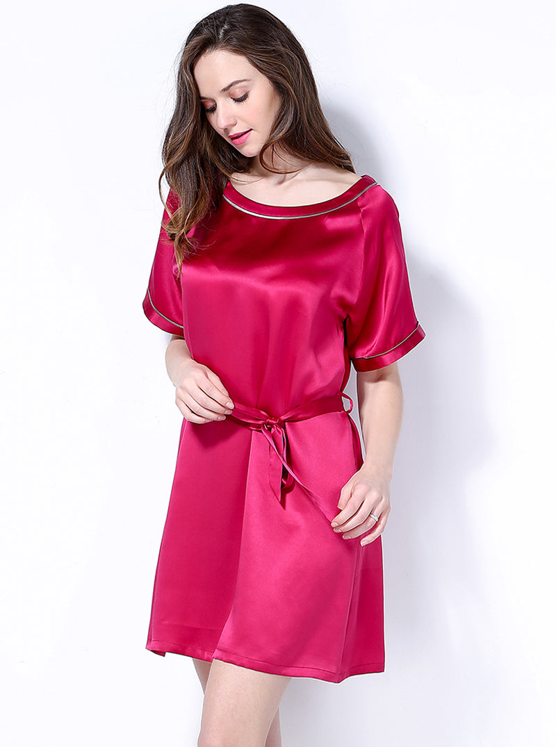 Silk Summer Female Round Neck Short Sleeves Sexy Simple Loose Belt Solid Color Nightdress